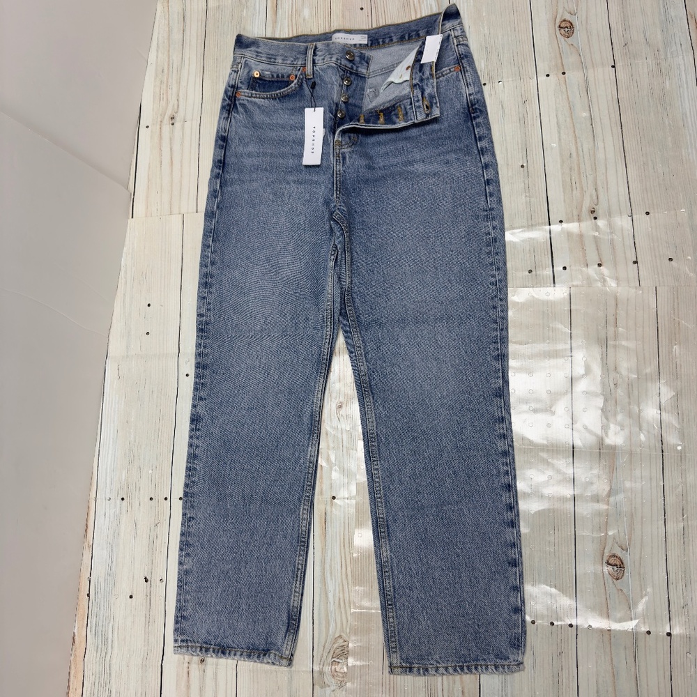 TOPSHOP Jeans Button Fly Sz 8 30 x 30 Straight Leg Medium Wash NEW